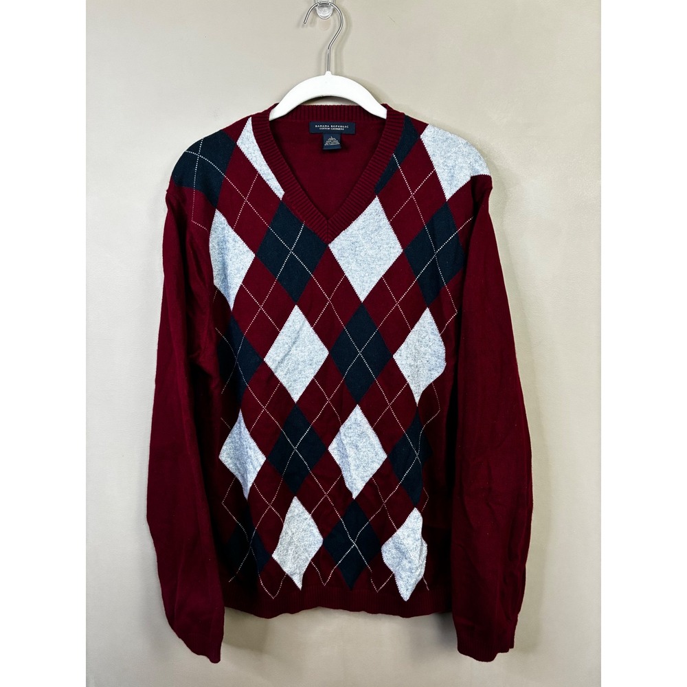 Banana Republic Mens Argyle V-Neck Sweater Burgundy Cotton Cashmere Large‎